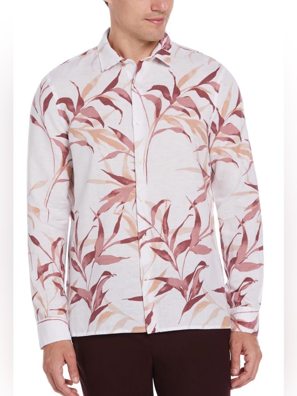 Perry Ellis Sepia Rose Leaf Print Linen Cotton Untucked Long Sleeve Shirt NEW